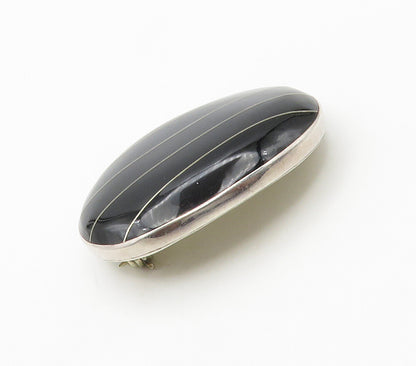 CII MEXICO 925 Sterling Silver  Vintage Black Onyx Striped Brooch Pin  BP6139