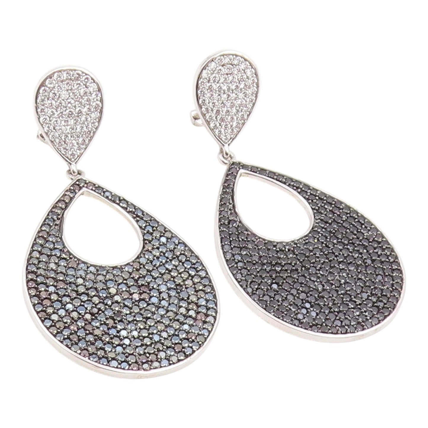 925 Sterling Silver Vintage Earrings Black Spinel & CZ Teardrop Cluster  EG14227
