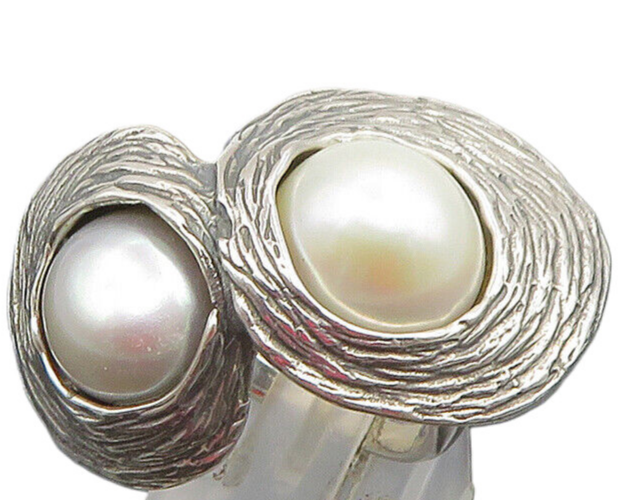 HAGIT GORALI 925 Silver  Vintage Double Fresh Water Pearl Ring Sz 8  RG25317