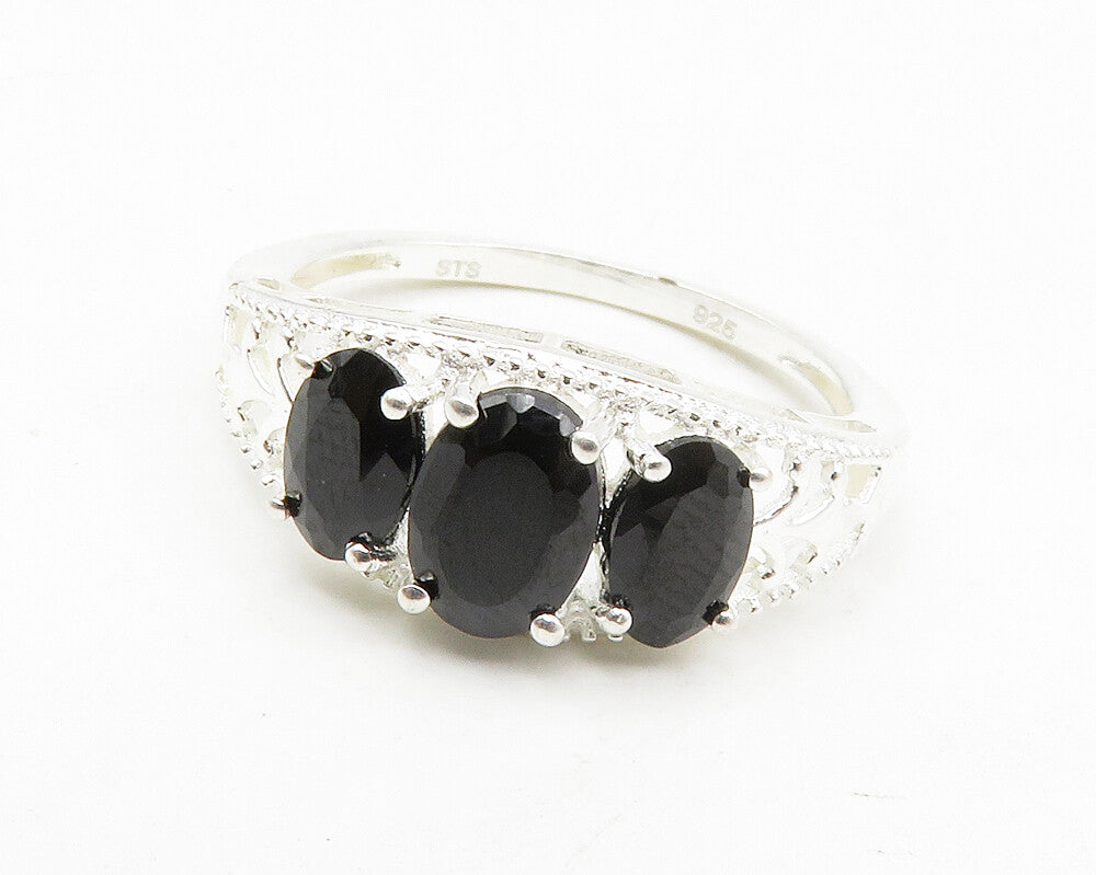 925 Sterling Silver  Prong Set Sapphire 3 Stone Shiny Band Ring Sz 8  RG13994