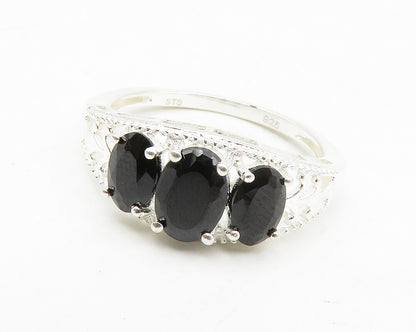 925 Sterling Silver  Prong Set Sapphire 3 Stone Shiny Band Ring Sz 8  RG13994