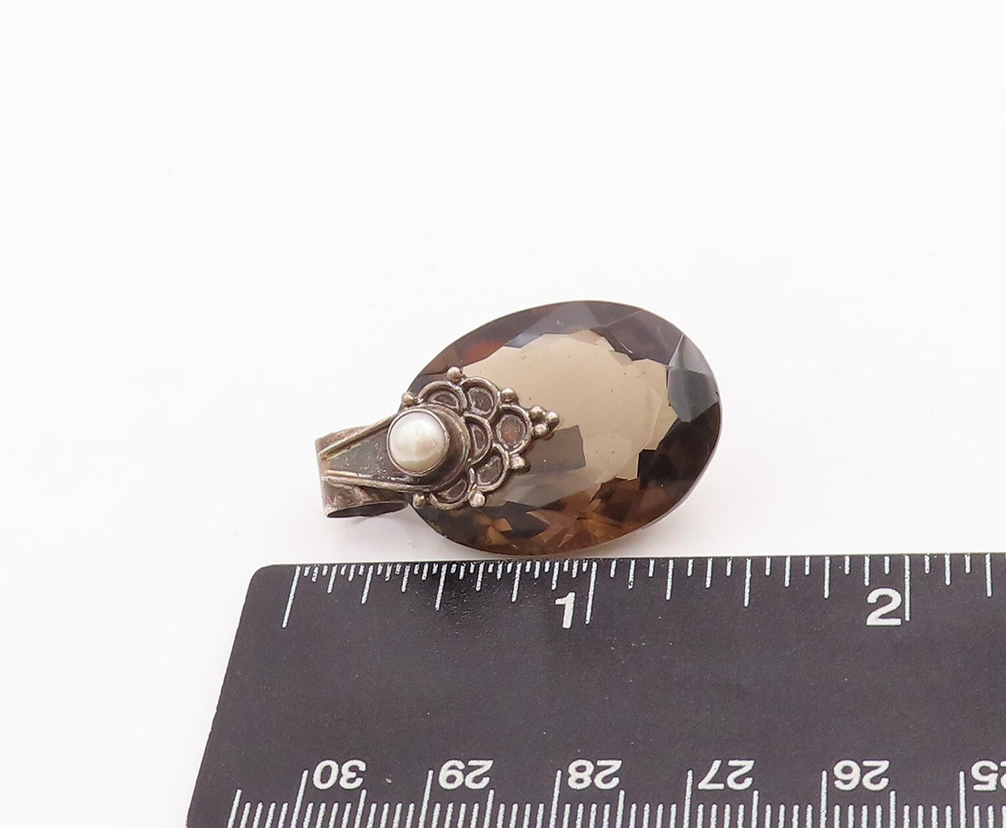 925 Sterling Silver Vintage Pendant Large Oval Smokey Quartz & Pearl  PT23345