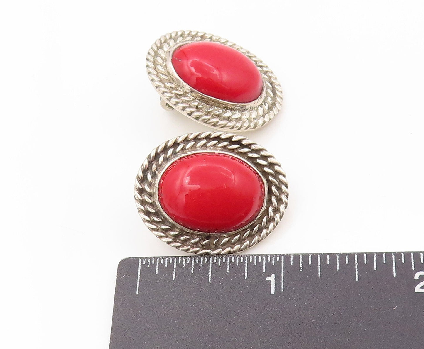 925 Sterling Silver Vintage Earrings MEXICO Oval Gemstone Roped Border EG13370