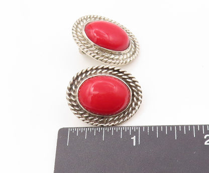 925 Sterling Silver Vintage Earrings MEXICO Oval Gemstone Roped Border EG13370