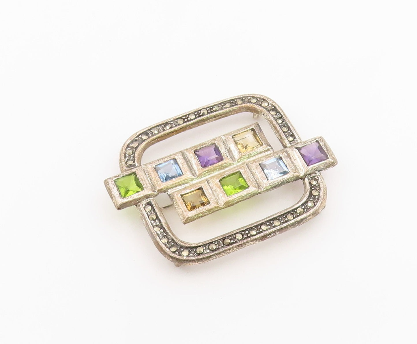 925 Sterling Silver Vintage Brooch Classic Multi Gemstone Geometric Pin  BP12592