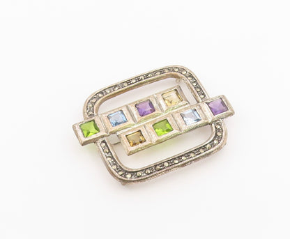 925 Sterling Silver Vintage Brooch Classic Multi Gemstone Geometric Pin  BP12592