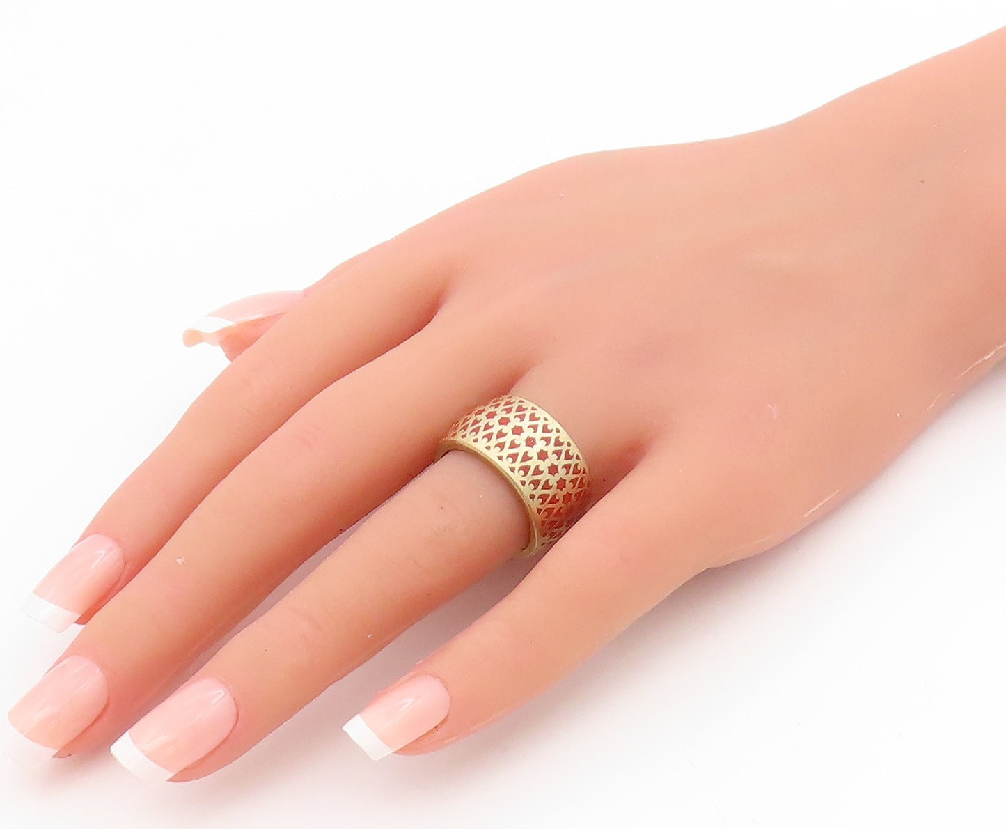 925 Sterling Silver Vintage Ring Gold Plated Red Lattice Pattern  Sz 7  RG34548