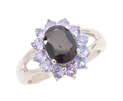 925 Sterling Silver Vintage Ring Oval Onyx Halo Tanzanite Inlay  Sz 7 RG31121