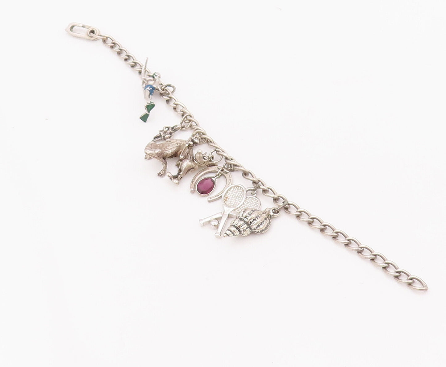 925 Sterling Silver Vintage Bracelet Carved Dangling Charms Amethyst  BT10423