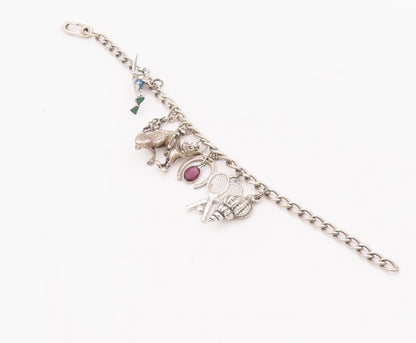 925 Sterling Silver Vintage Bracelet Carved Dangling Charms Amethyst  BT10423