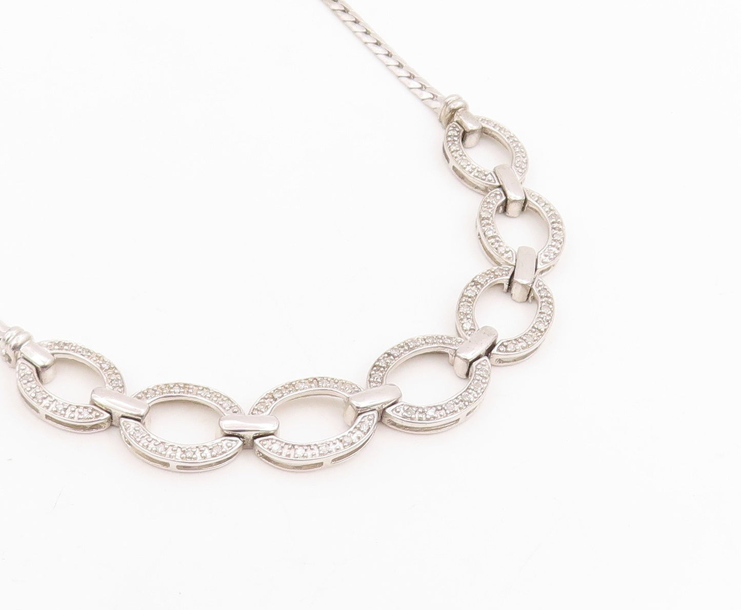 925 Sterling Silver Vintage Necklace Genuine Diamonds Elegant Oval Link  NE4755