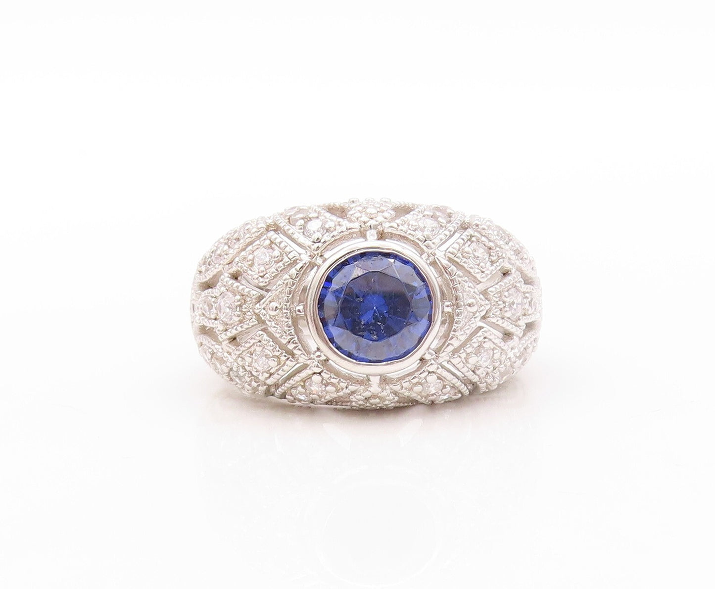 925 Sterling Silver Vintage Ring Designer Cut Sapphire & CZ Inlay Sz 7.5 RG30816