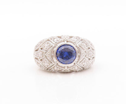 925 Sterling Silver Vintage Ring Designer Cut Sapphire & CZ Inlay Sz 7.5 RG30816