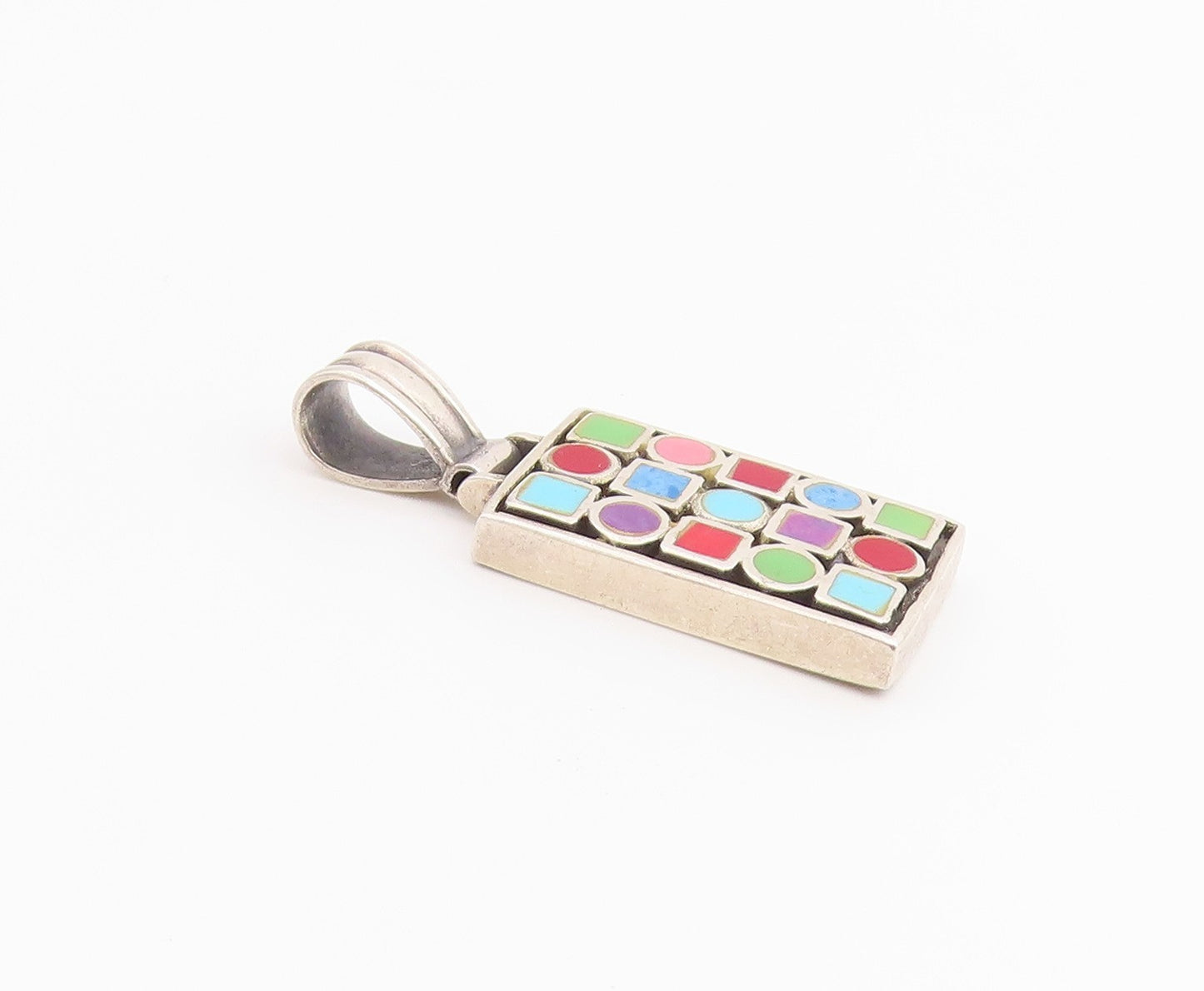 925 Sterling Silver Vintage Pendant Multi Gemstone Geometric Grid Charm  PT26526