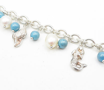 925 Sterling Silver  Pearl Beads Sea Charmed Twist Link Chain Bracelet  BT1725
