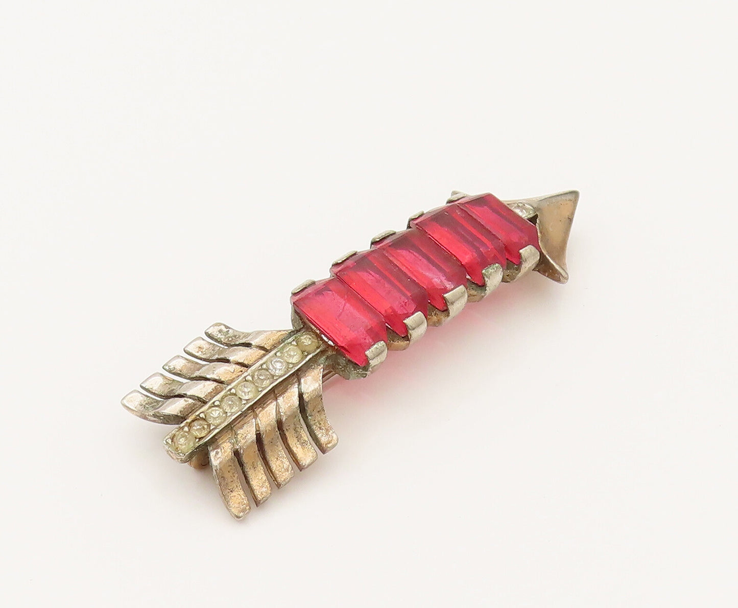 925 Sterling Silver Vintage Antique Red & White Topaz Arrow Brooch Pin BP10265