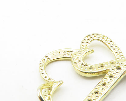 925 Sterling Silver  Shiny Genuine Diamonds Gold Plated Hearts Pendant  PT8010