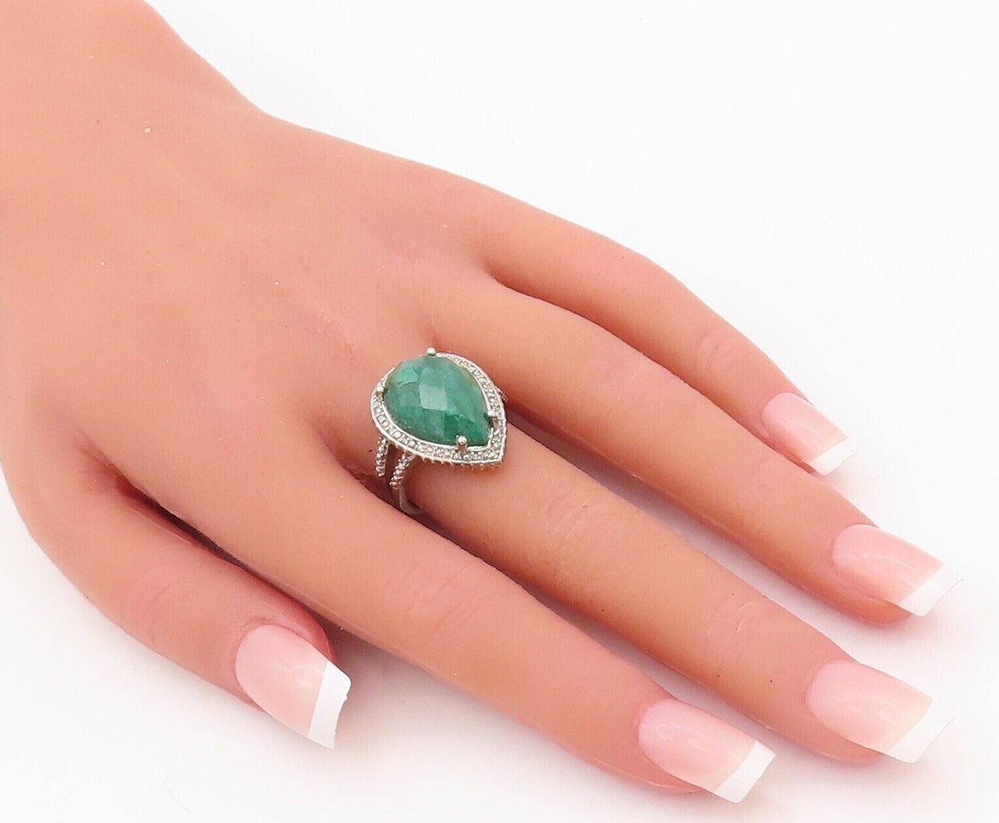 925 Sterling Silver Vintage Ring Green Gemstone Halo Diamonds  Sz 7  RG29950