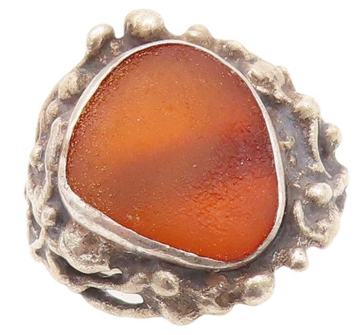 925 Sterling Silver Vintage Ring European Brutalist Gemstone  Sz 7.5  RG31413
