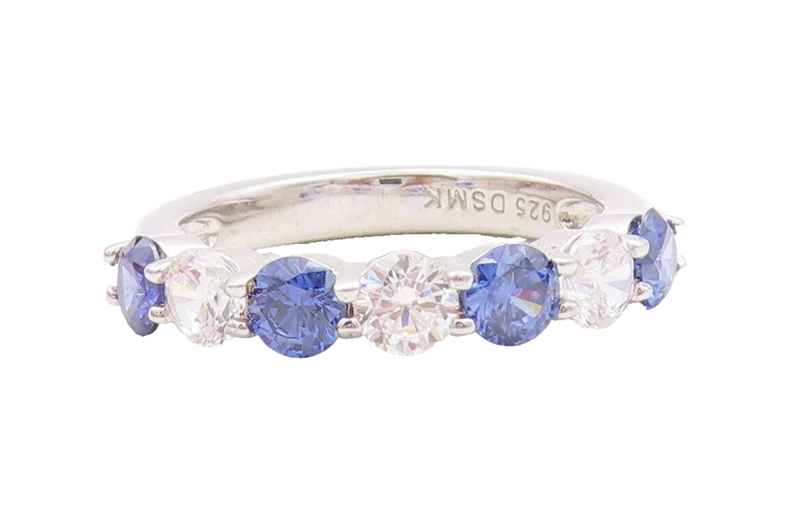 925 Sterling Silver Vintage Ring Round Cut Blue & White CZ Band  Sz 7  RG29799