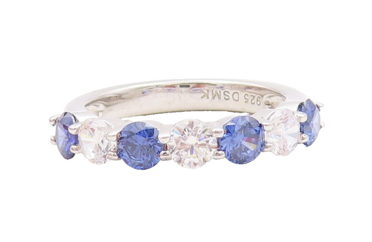 925 Sterling Silver Vintage Ring Round Cut Blue & White CZ Band  Sz 7  RG29799