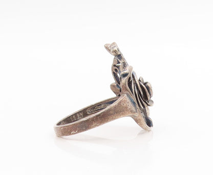 925 Sterling Silver Vintage Ring CZ Carved Floral Rose Blossom  Sz 11  RG34145