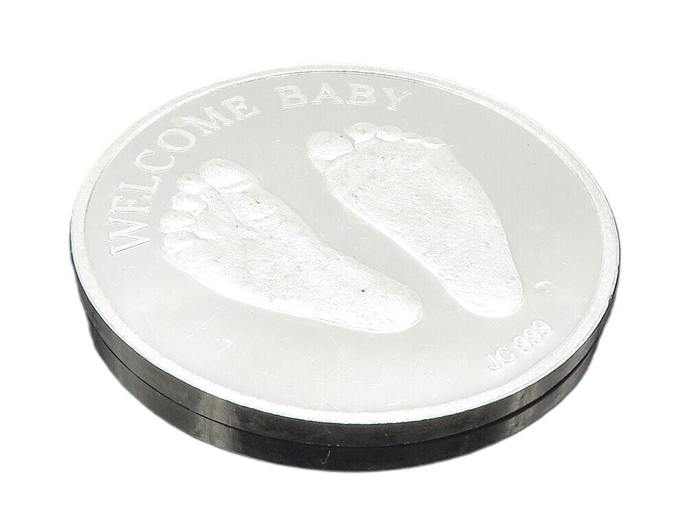 925 Sterling Silver  Vintage Shiny Welcome Baby Footprints Medallion  TR1496