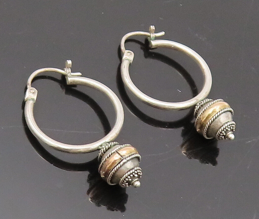 18k GOLD 925 Sterling Silver  Vintage Rope Carved Bead Hoop Earrings  EG12777
