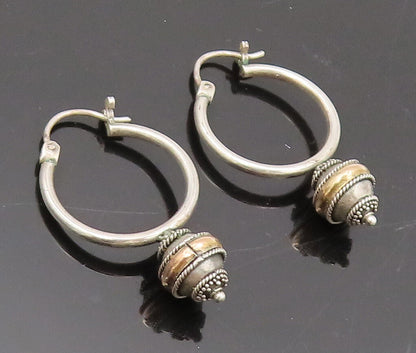 18k GOLD 925 Sterling Silver  Vintage Rope Carved Bead Hoop Earrings  EG12777