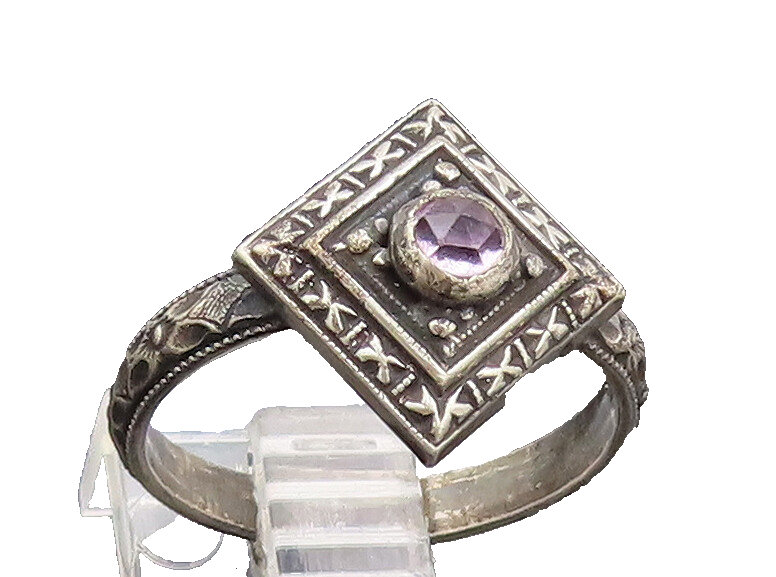 925 Silver Vintage Purple Topaz Etched Square Delicate Ring Sz 6.75 RG26811