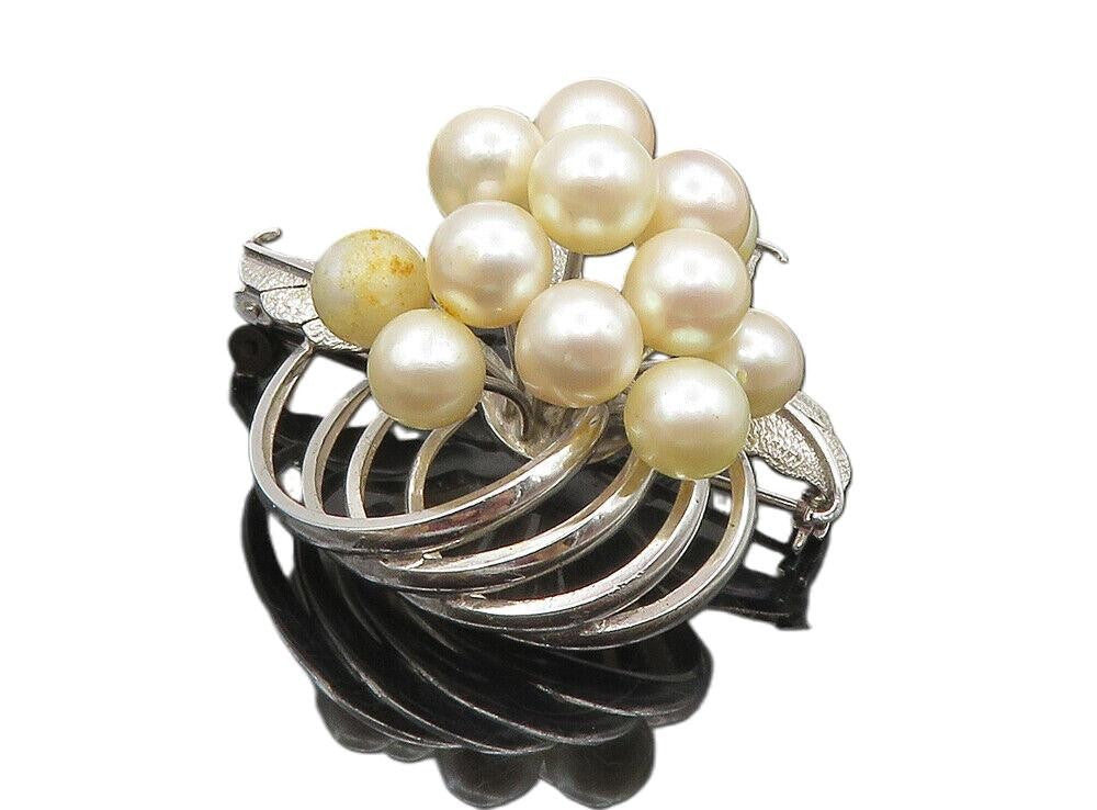 925 Sterling Silver  Vintage Pearls Floral Leaf Swirl Shiny Brooch Pin  BP3366