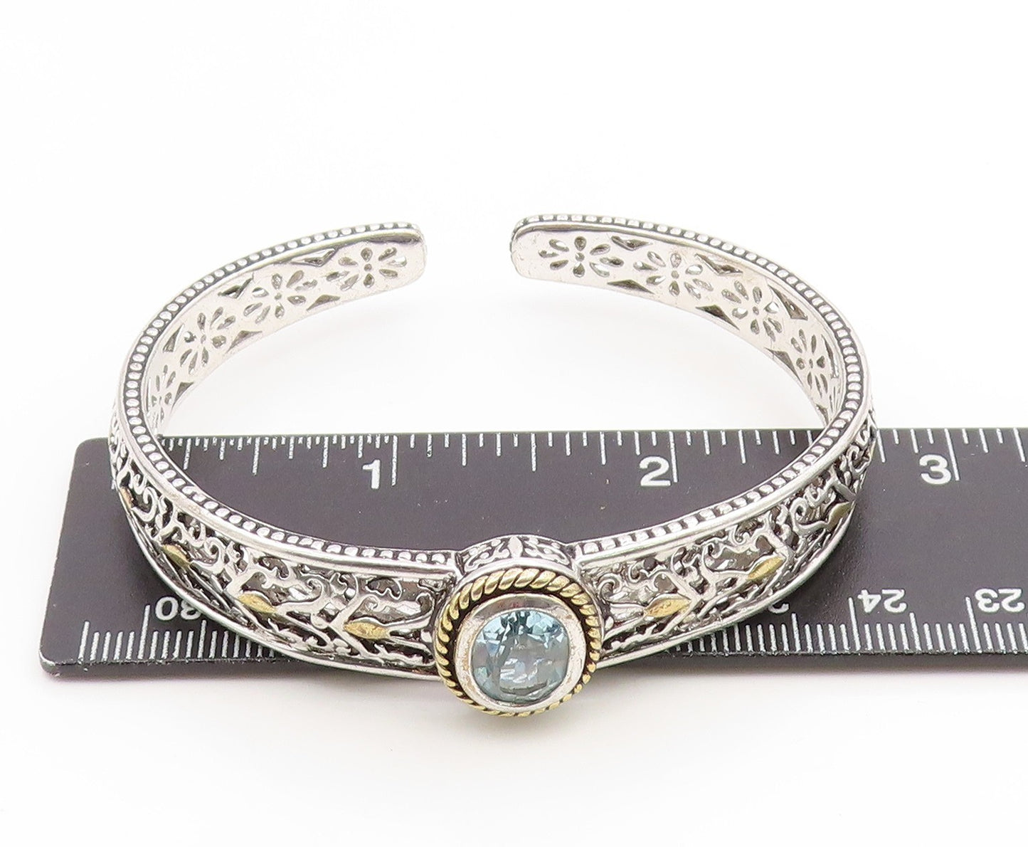 925 Sterling Silver Vintage Bracelet Two Tone Blue Topaz Openwork Cuff  BT11892