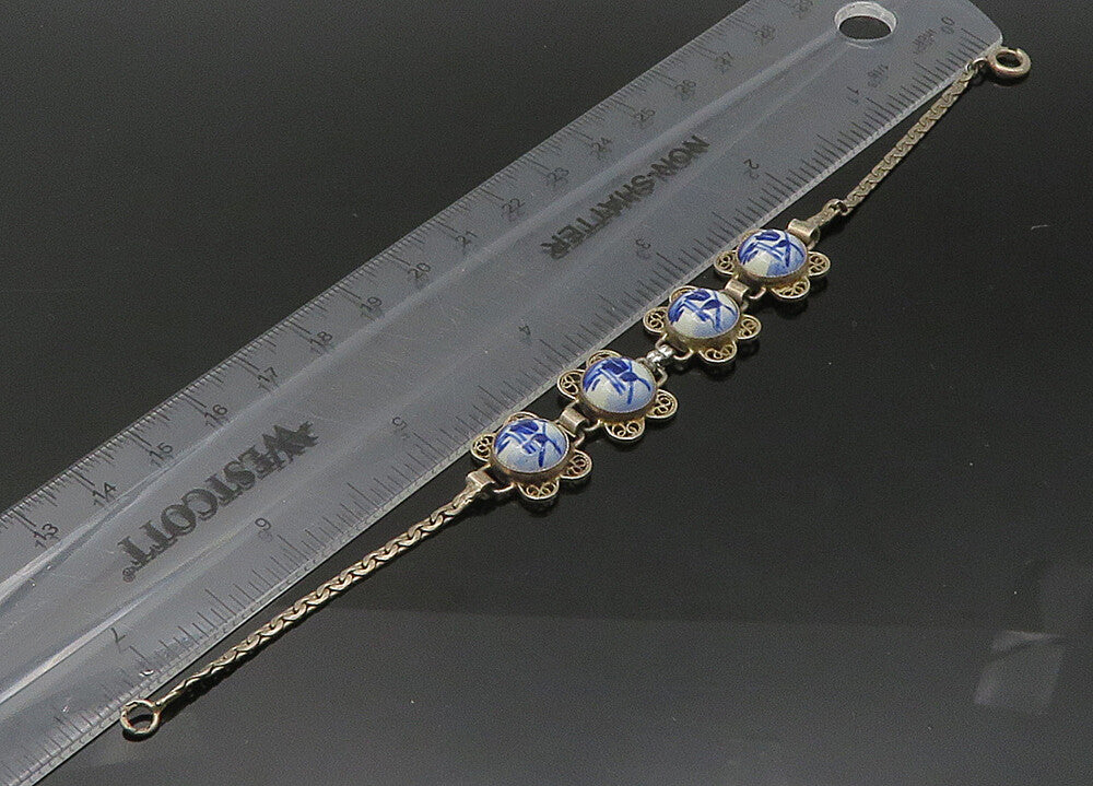 925 Sterling Silver  Vintage Enamel Windmill Scene Chain Bracelet  BT8659