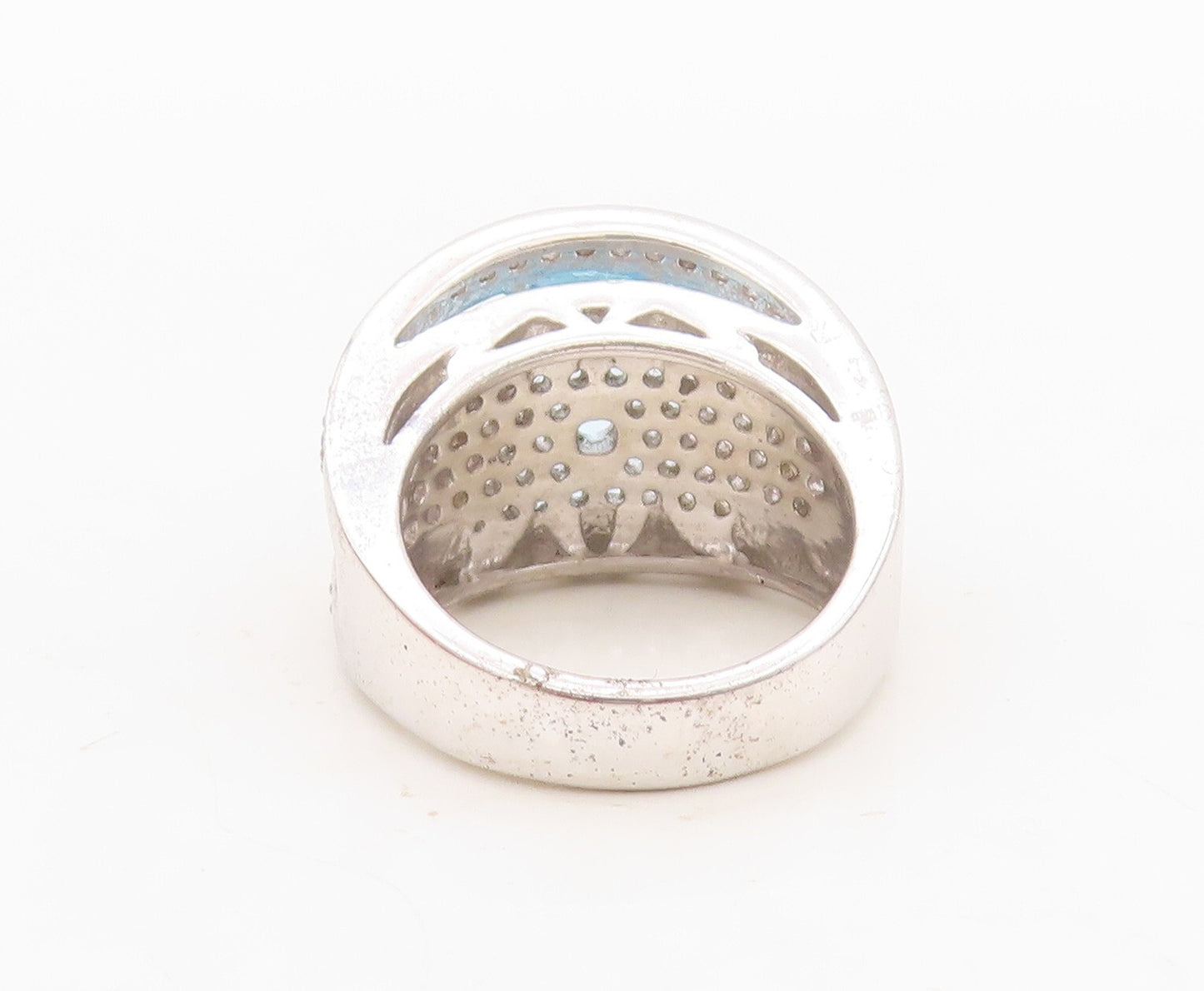925 Sterling Silver Vintage Ring Designer Cutout Blue & White CZ Sz 7.5  RG30439
