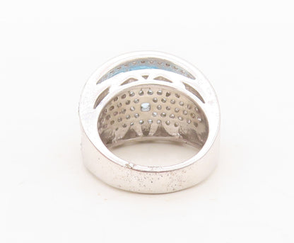 925 Sterling Silver Vintage Ring Designer Cutout Blue & White CZ Sz 7.5  RG30439