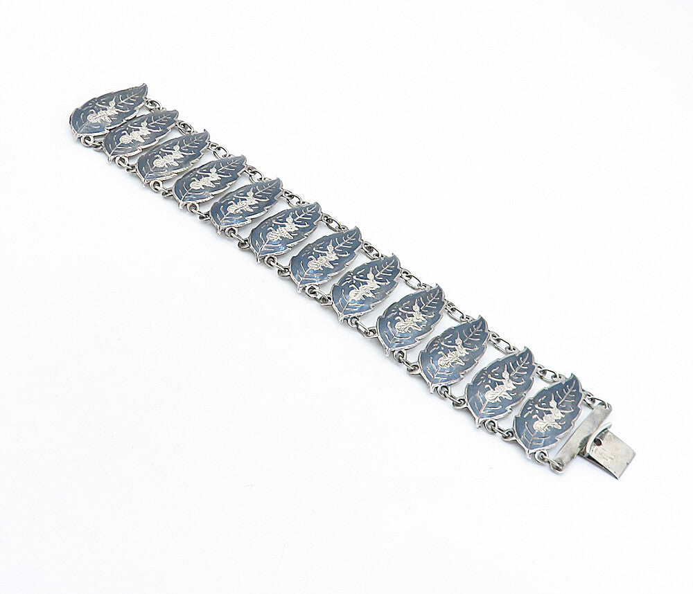 SIAM 925 Sterling Silver  Vintage Niello Dancer Floral Chain Bracelet  BT2183