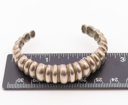 14k Gold & 925 Sterling Silver Vintage Bracelet Chunky Fluted Dome Cuff  BT12143