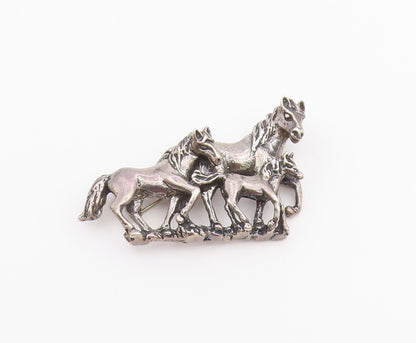 OTT 925 Silver  Vintage Shiny Dark Tone Horse Family Heavy Brooch Pin  BP8163