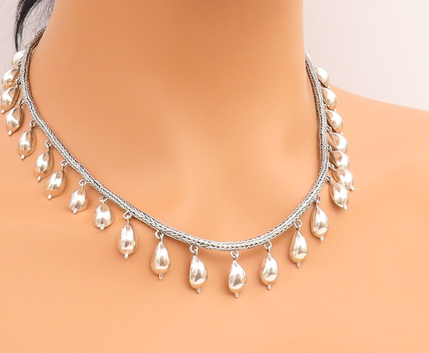 925 Sterling Silver Vintage Necklace Classic Foxtail Chain With Droplets  NE4891