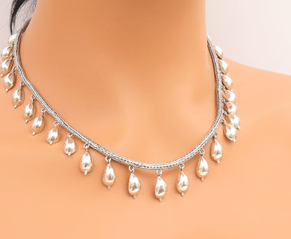 925 Sterling Silver Vintage Necklace Classic Foxtail Chain With Droplets  NE4891