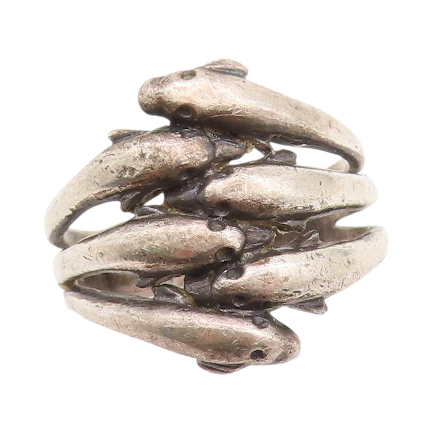 925 Sterling Silver Vintage Ring Dark Tone Bypass Diving Dolphins  Sz 9  RG33057