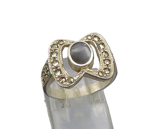 925 Sterling Silver  Vintage Black Onyx & Marcasite Band Ring Sz 7  RG23430