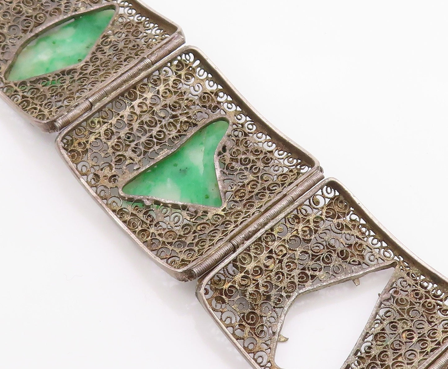 925 Sterling Silver Vintage Bracelet CHINESE EXPORT Jade Flora Filigree  BT12134
