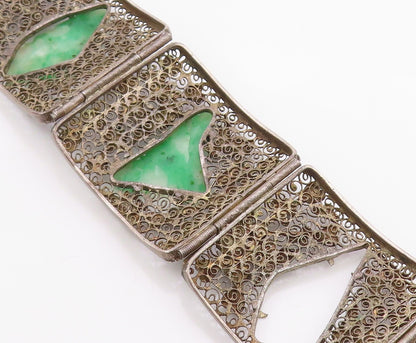 925 Sterling Silver Vintage Bracelet CHINESE EXPORT Jade Flora Filigree  BT12134