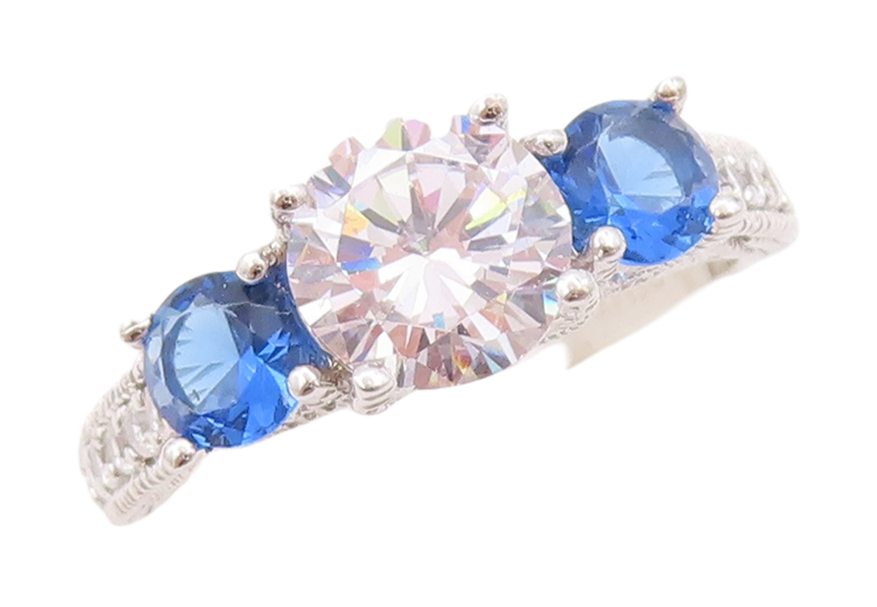 925 Sterling Silver Vintage Ring Round Sapphire & CZ Wedding Ring  Sz 7  RG29460
