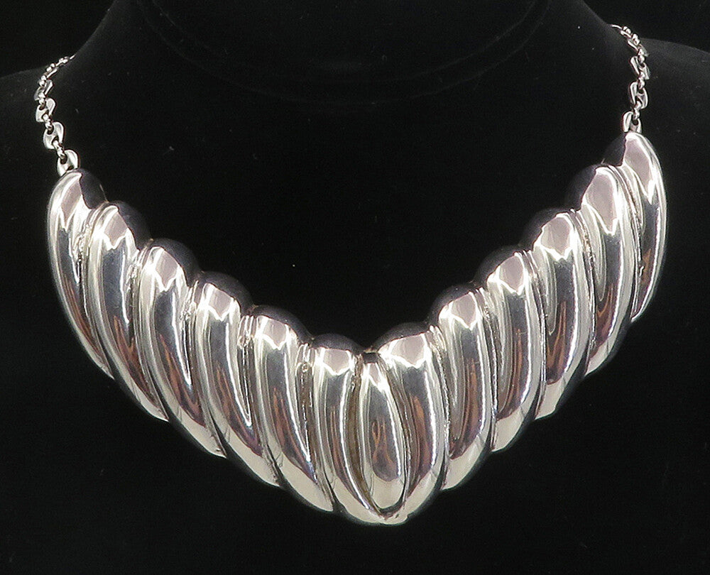 ISRAEL 925 Silver  Vintage Shiny Hollow Fluted V Shape Chain Necklace  NE1751