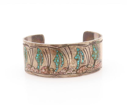 925 Sterling Silver Vintage Bracelet NAVAJO ZUNI Crushed Turquoise Cuff  BT11087