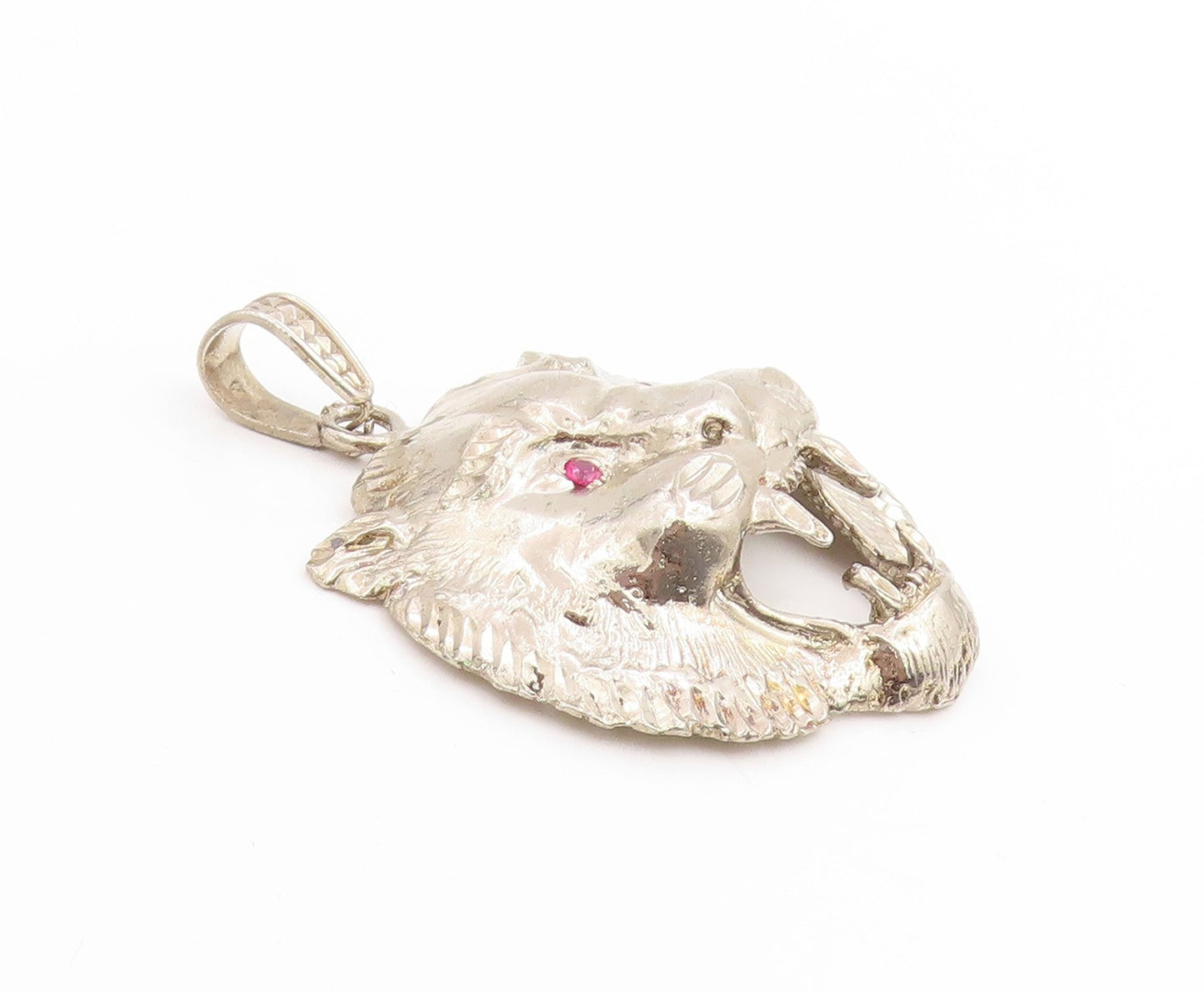 925 Sterling Silver Vintage Pendant Red Eyes CZ Roaring Wild Tiger Head PT25299