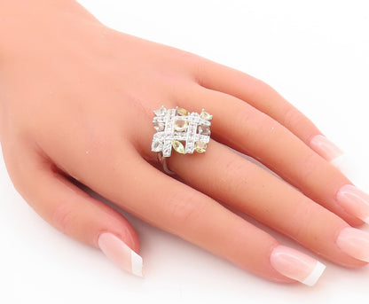 925 Sterling Silver Vintage Ring Checks Cutout Gemstones & CZ Inlay Sz 7 RG29833