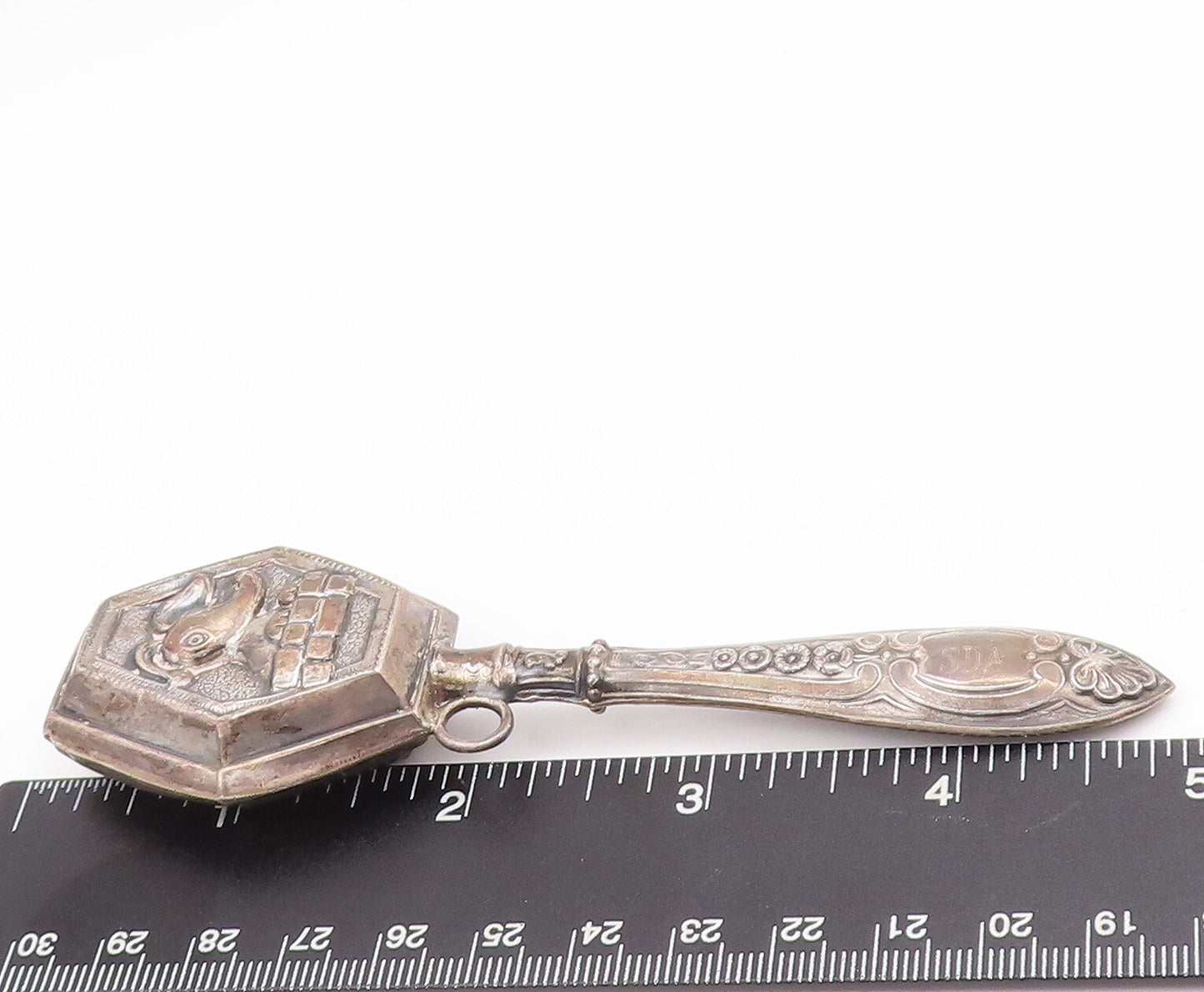 925 Sterling Silver Vintage Toy Antique Solid Carved Elephant Rattles  TR3770
